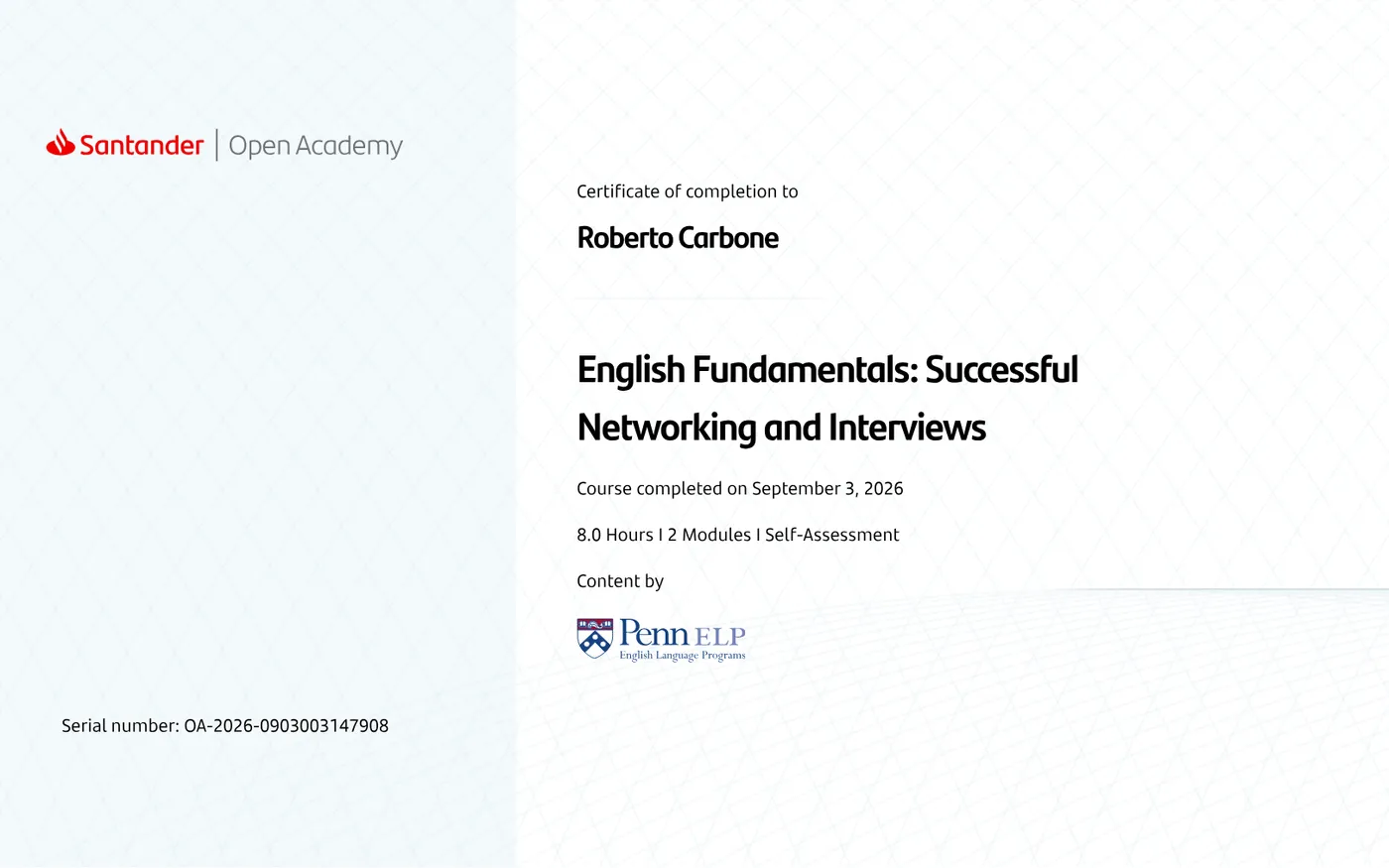 Certificado de English Fundamentals Successful de Roberto Carbone emitido por Santander Open Academy
