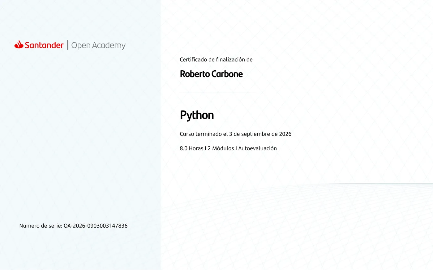 Certificado de Python de Roberto Carbone emitido por Santander Open Academy