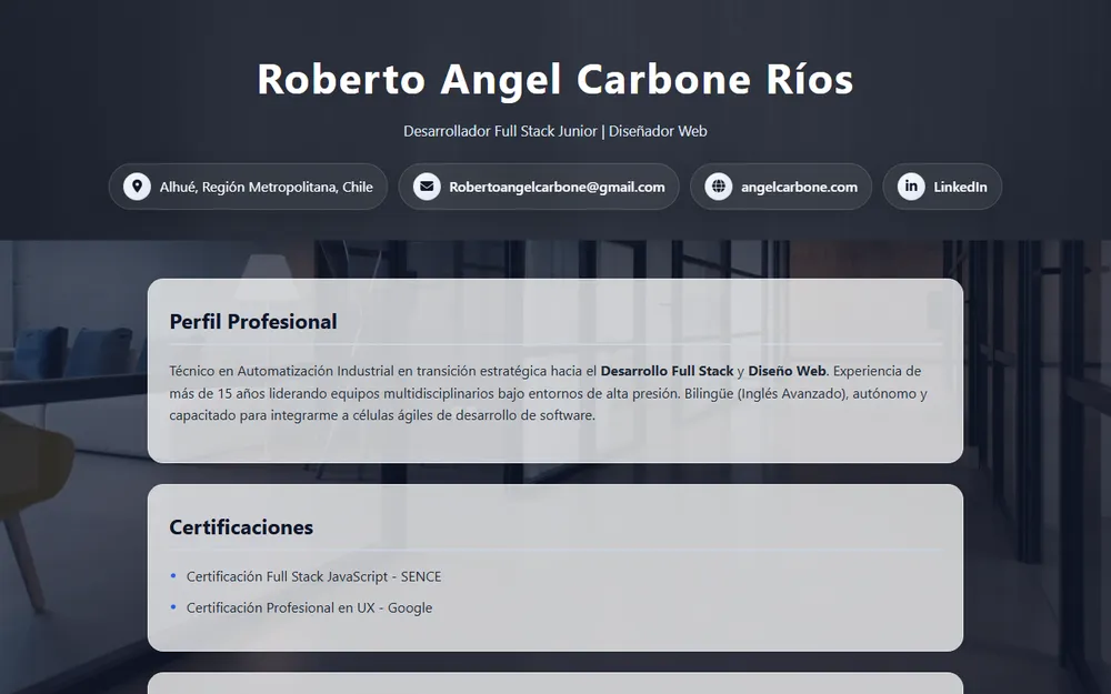 Vista previa del currículum web de Roberto Carbone Ríos